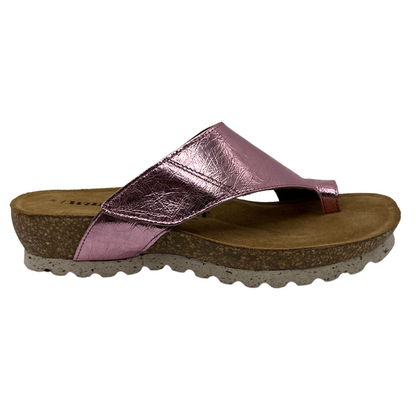 Right facing view of pink leather sandal with cork footbed 