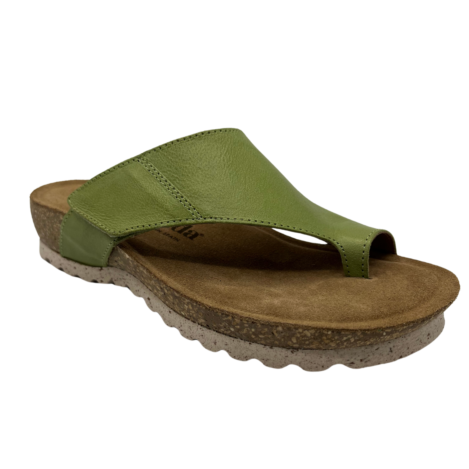 45 degree angled view of green leather sandal with cork footbed
