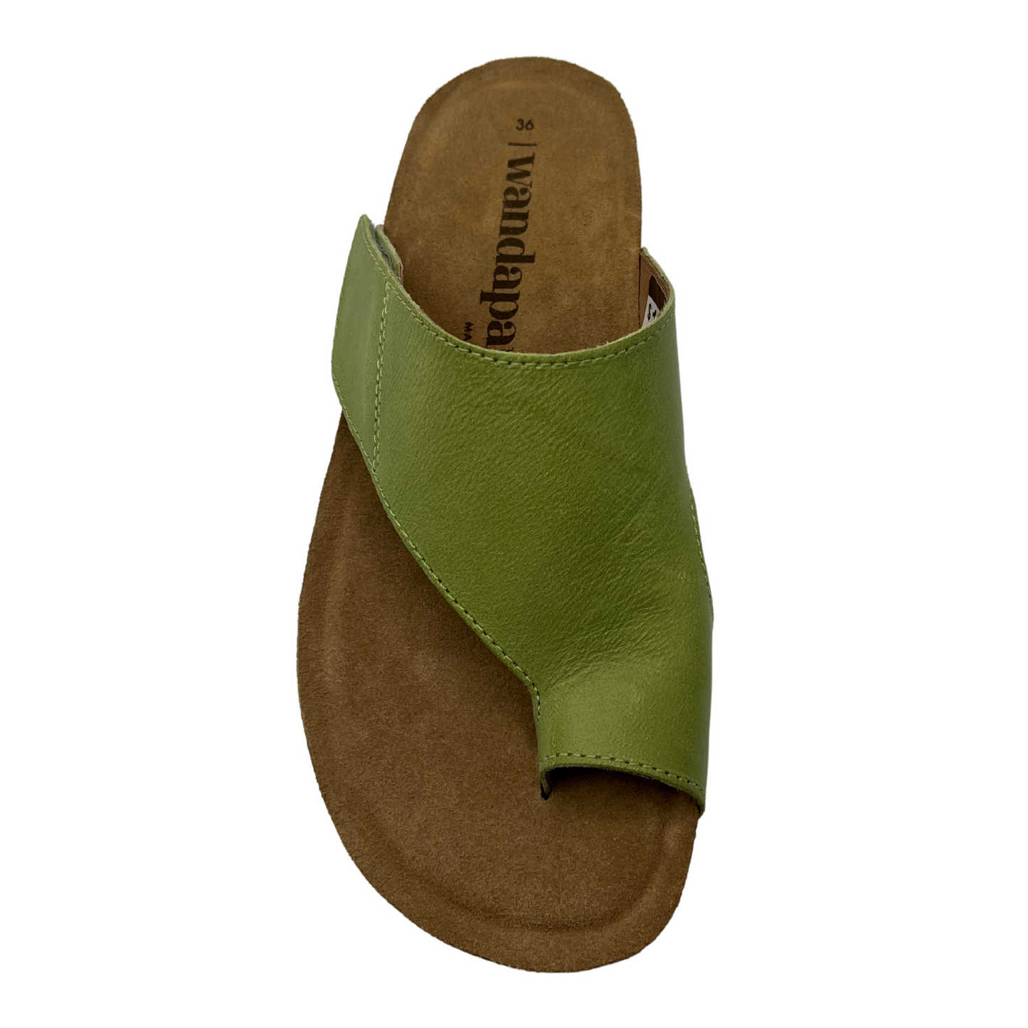Top view of green leather sandal with cork footbed