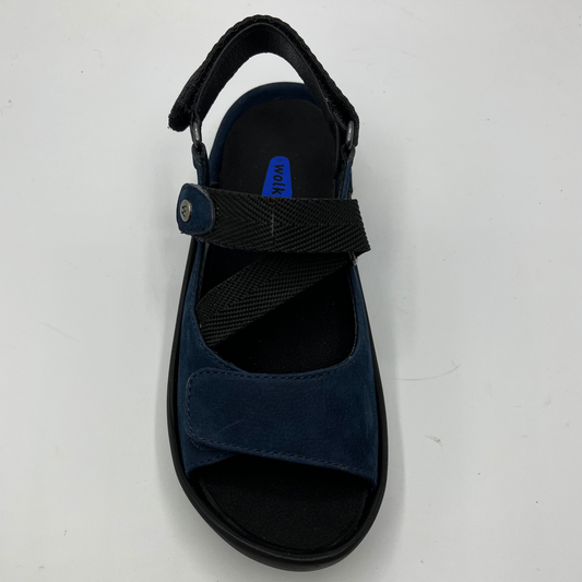 Top view of a navy coloured sandal with braided style adjustable straps.
