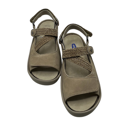 Top view of a pair of sand coloured sandals with braided style adjustable straps.