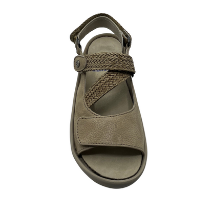 Top view of sand coloured sandals with braided style adjustable straps.