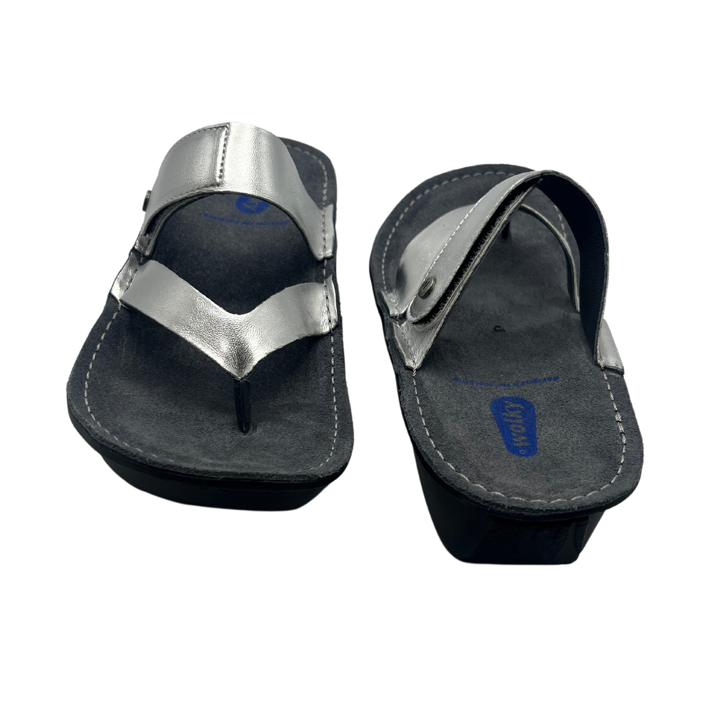 Back view of a pair of metallic silver sandals with a wedge heel and an adjustable strap