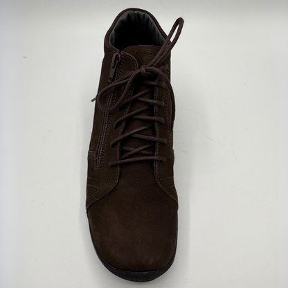 Top view of a brown ankle boot with matching laces