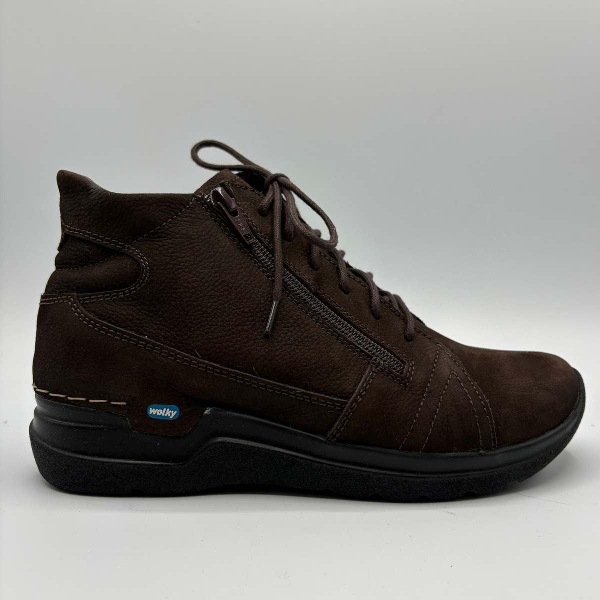 Right view of a brown ankle boot with matching laces