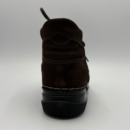 Back view of a brown ankle boot with matching laces