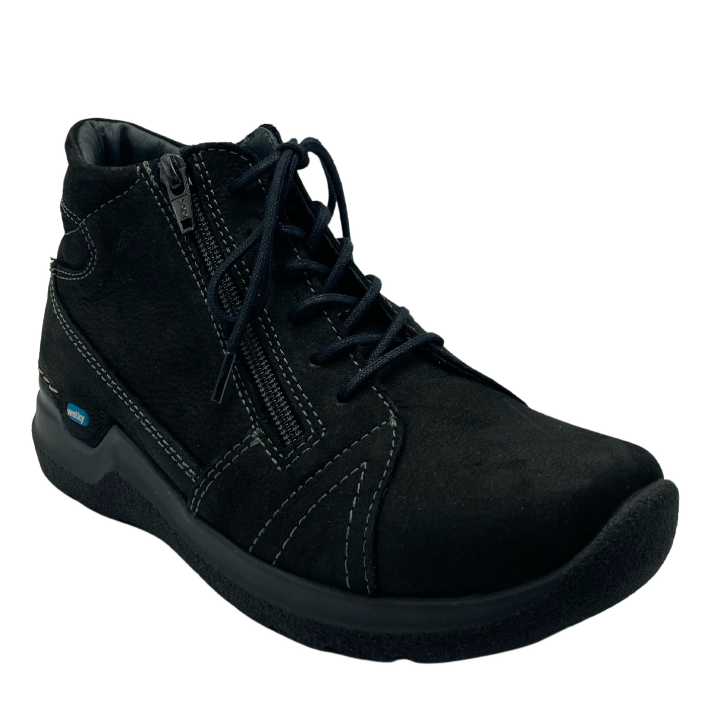 45 degree angled view of black leather walking shoe with laces and side zipper closure