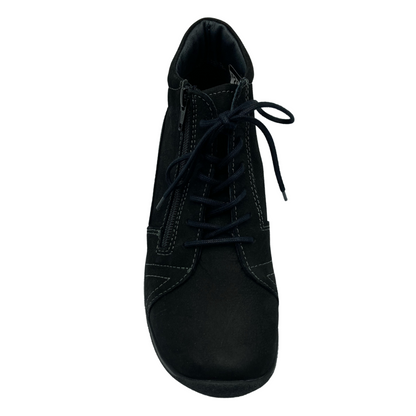 Top view of black leather walking shoe with black laces, rounded toe and side zipper closure