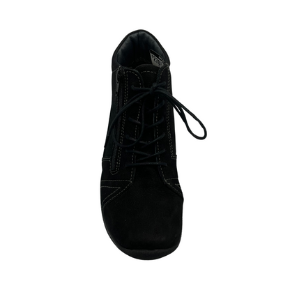 Top view of black suede short boot with matching laces and side zipper closure
