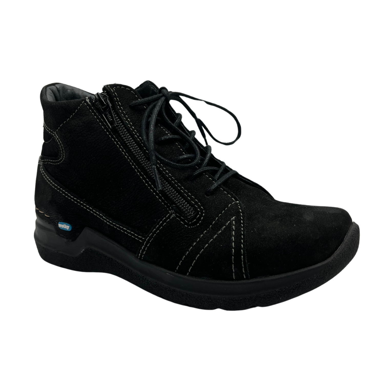 45 degree angled view of black suede ankle boot with idea zipper closure and black outsole
