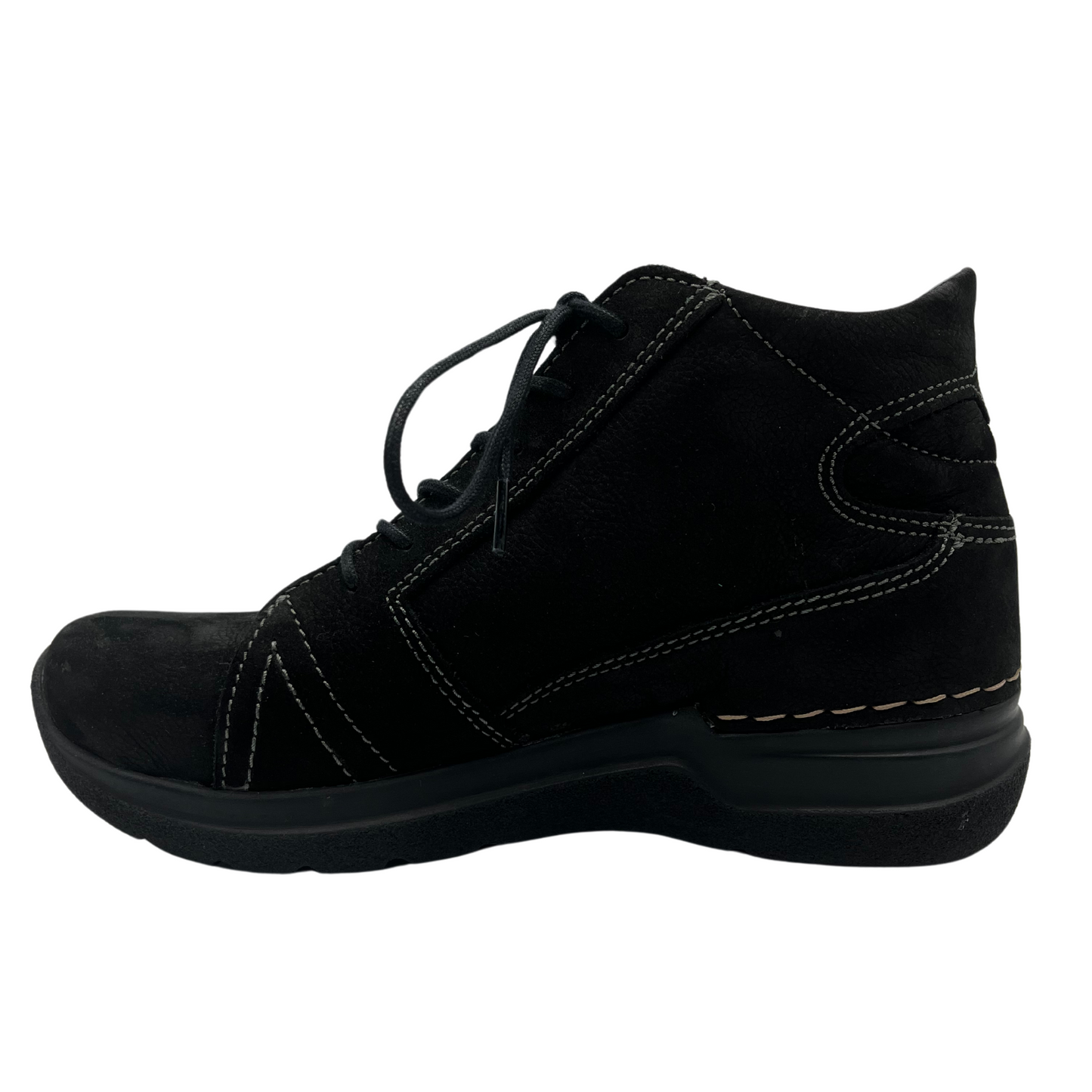 Left facing view of black suede ankle boot with black rubber outsole