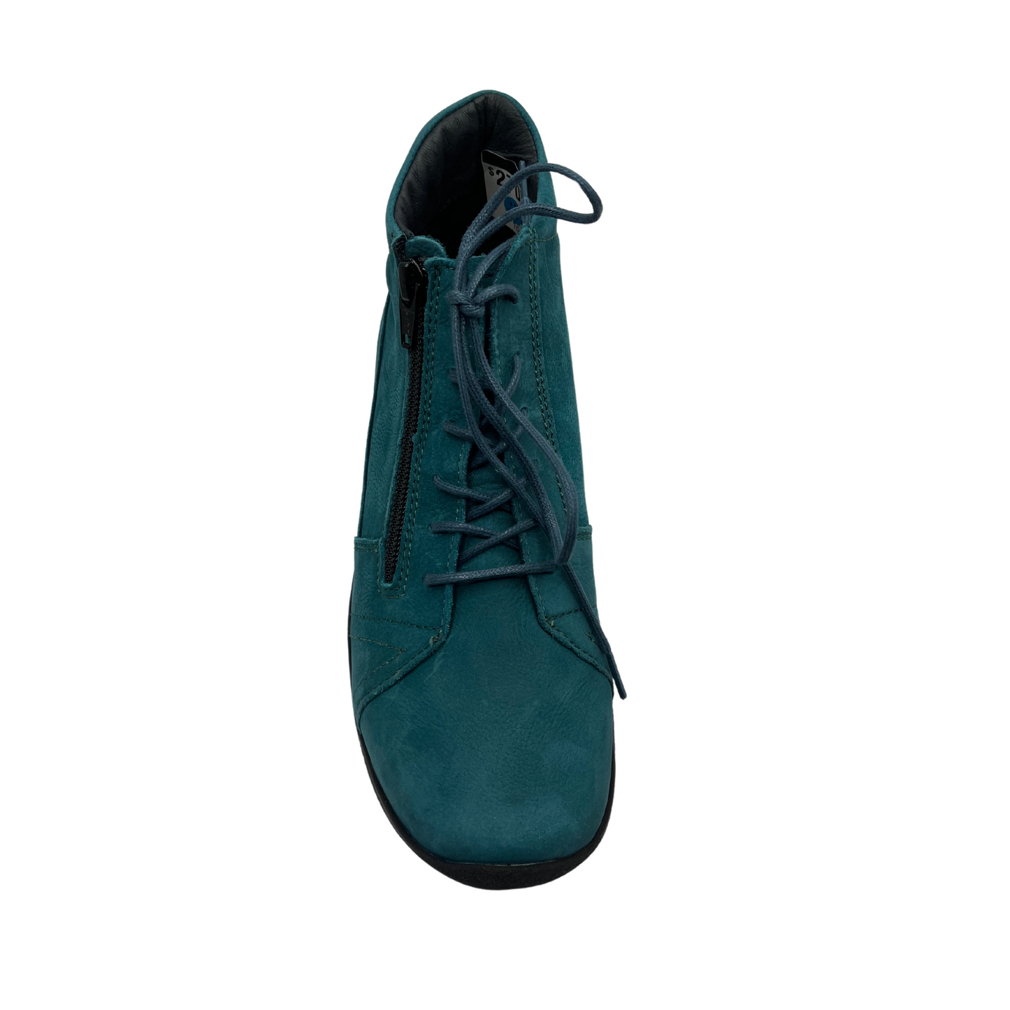 Top view of a teal suede short boot with matching laces and black outsole.