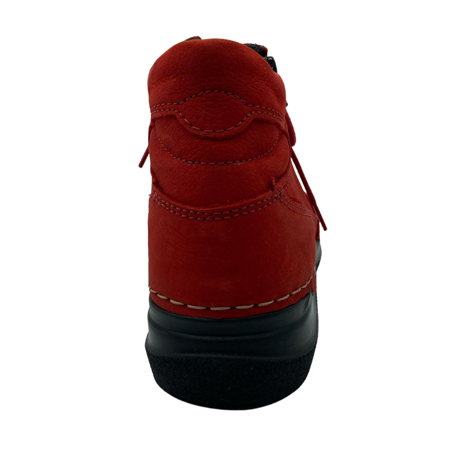 Back view of red leather walking shoe with black rubber outsole