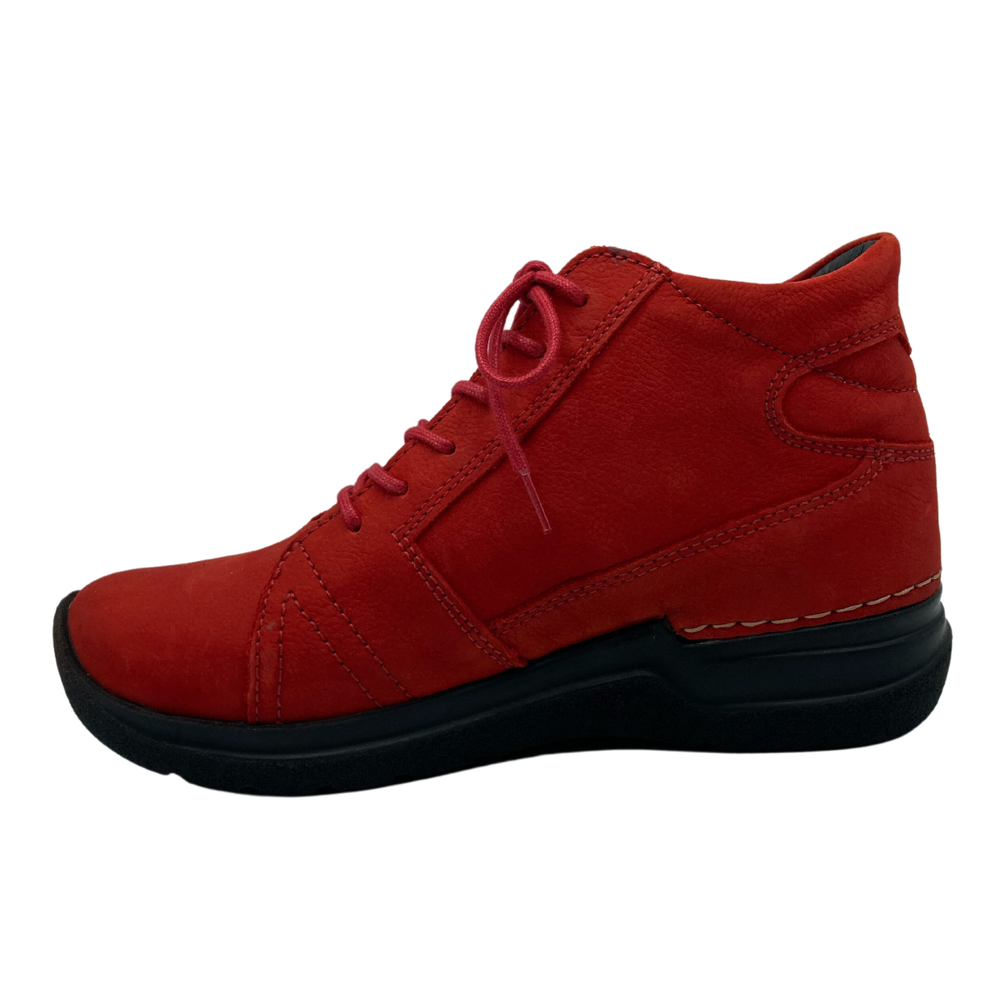 Left facing view of red leather bootie walking shoe with red laces and black rubber outsole