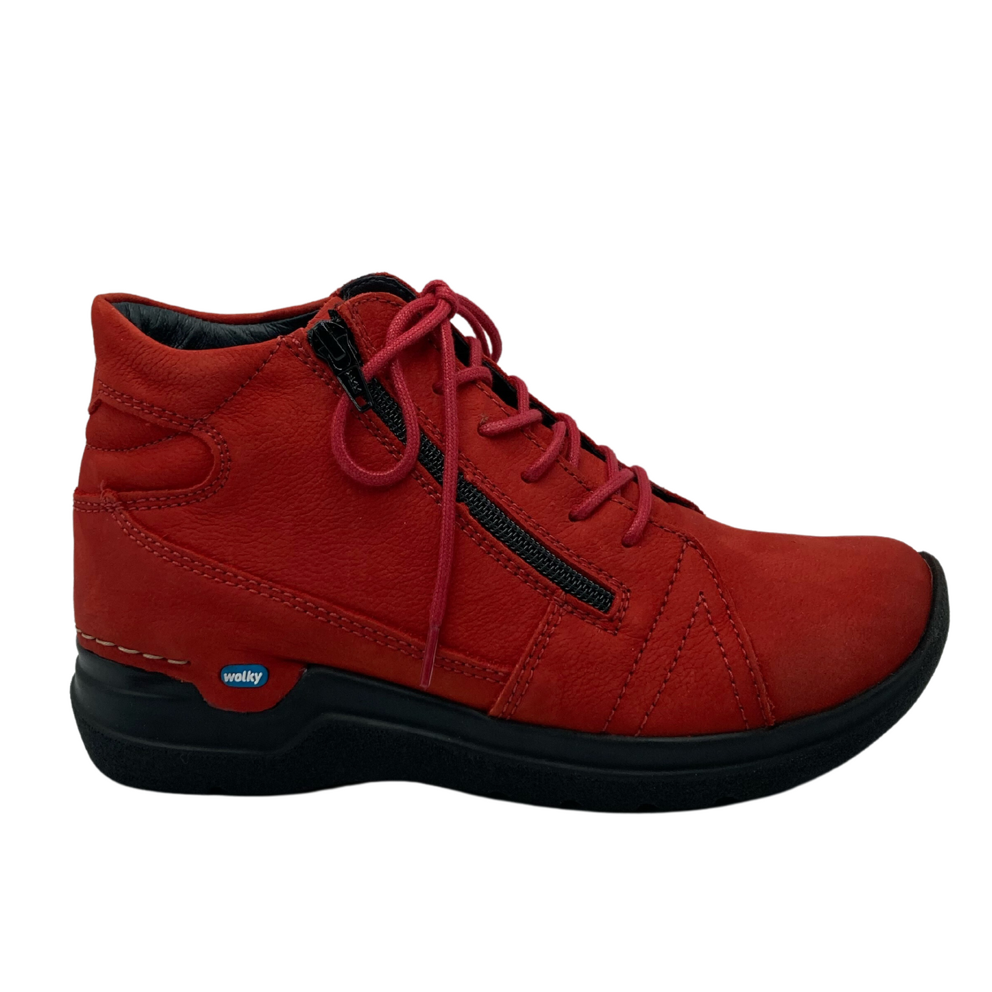 Right facing view of red leather walking bootie with matching laces and side zipper closure