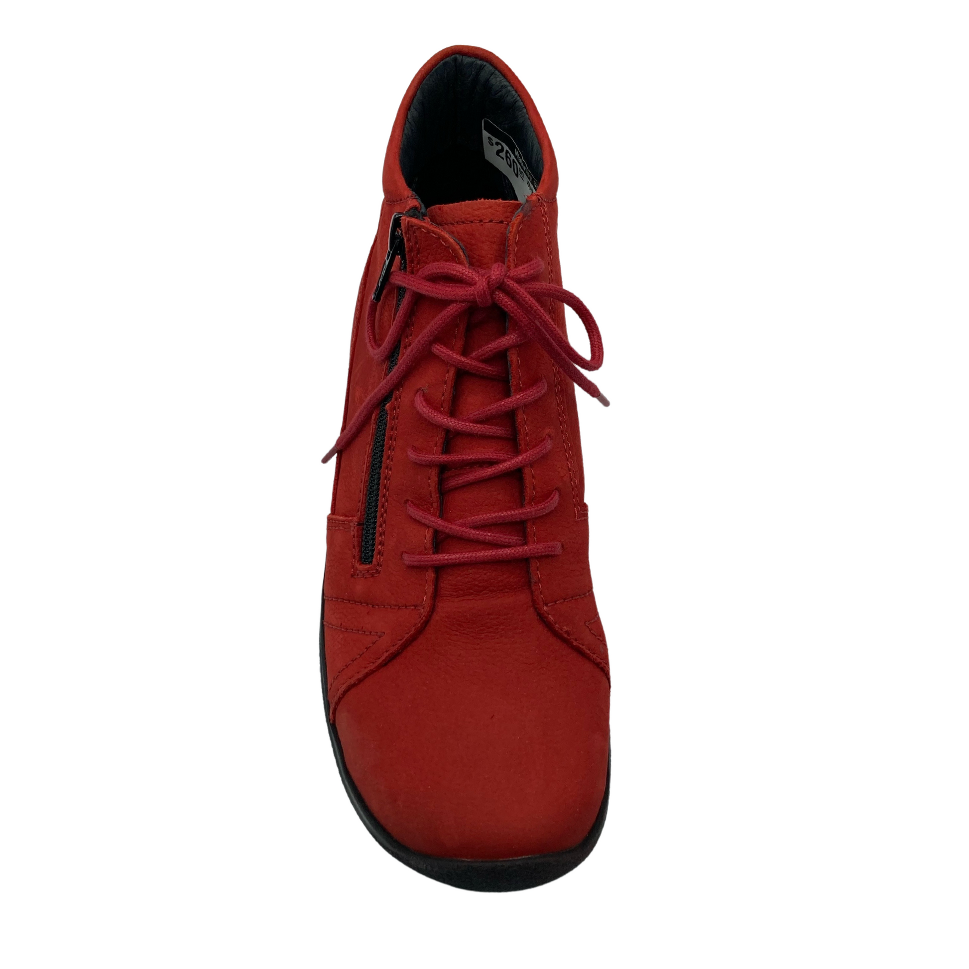 Top view of red leather walking shoe with red laces and side zipper closure