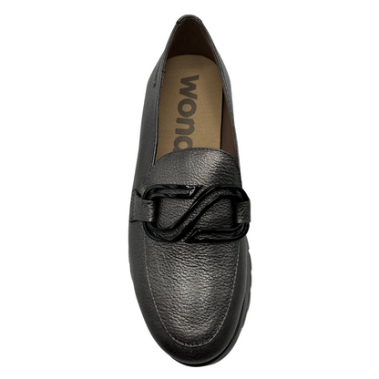 Top view of textured leather loafer in grey. A black thick platform sole and black embellishment on the upper 