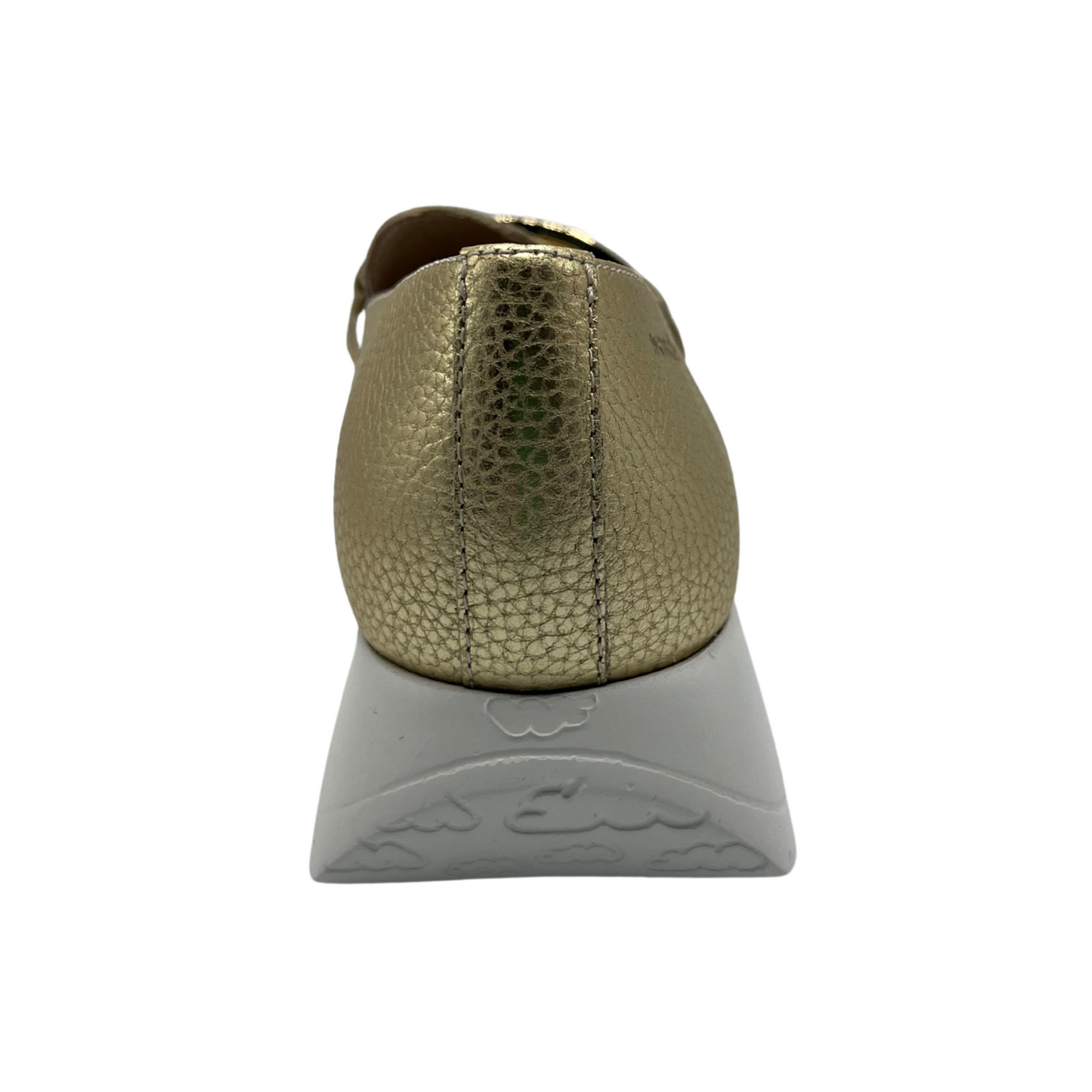 Back view of gold leather loafers with lightweight white platform sole and gold detail on upper.