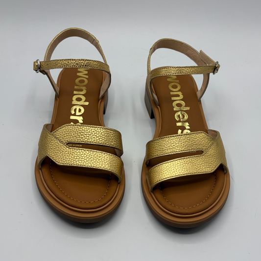 Gold sandals with brown soles on a white background