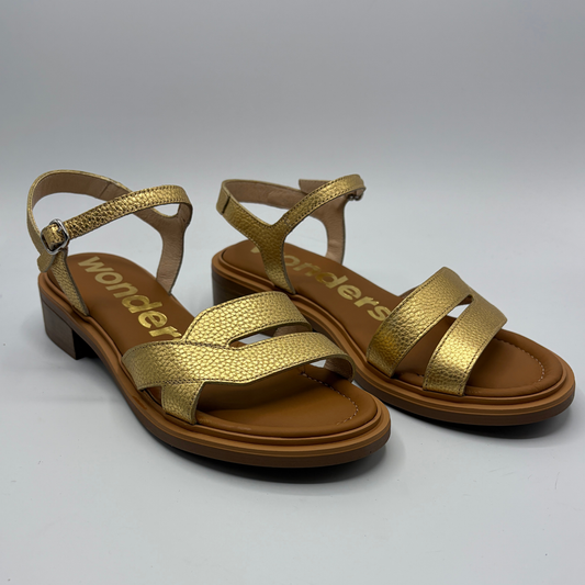 Pair of gold and brown sandals on a light gray background