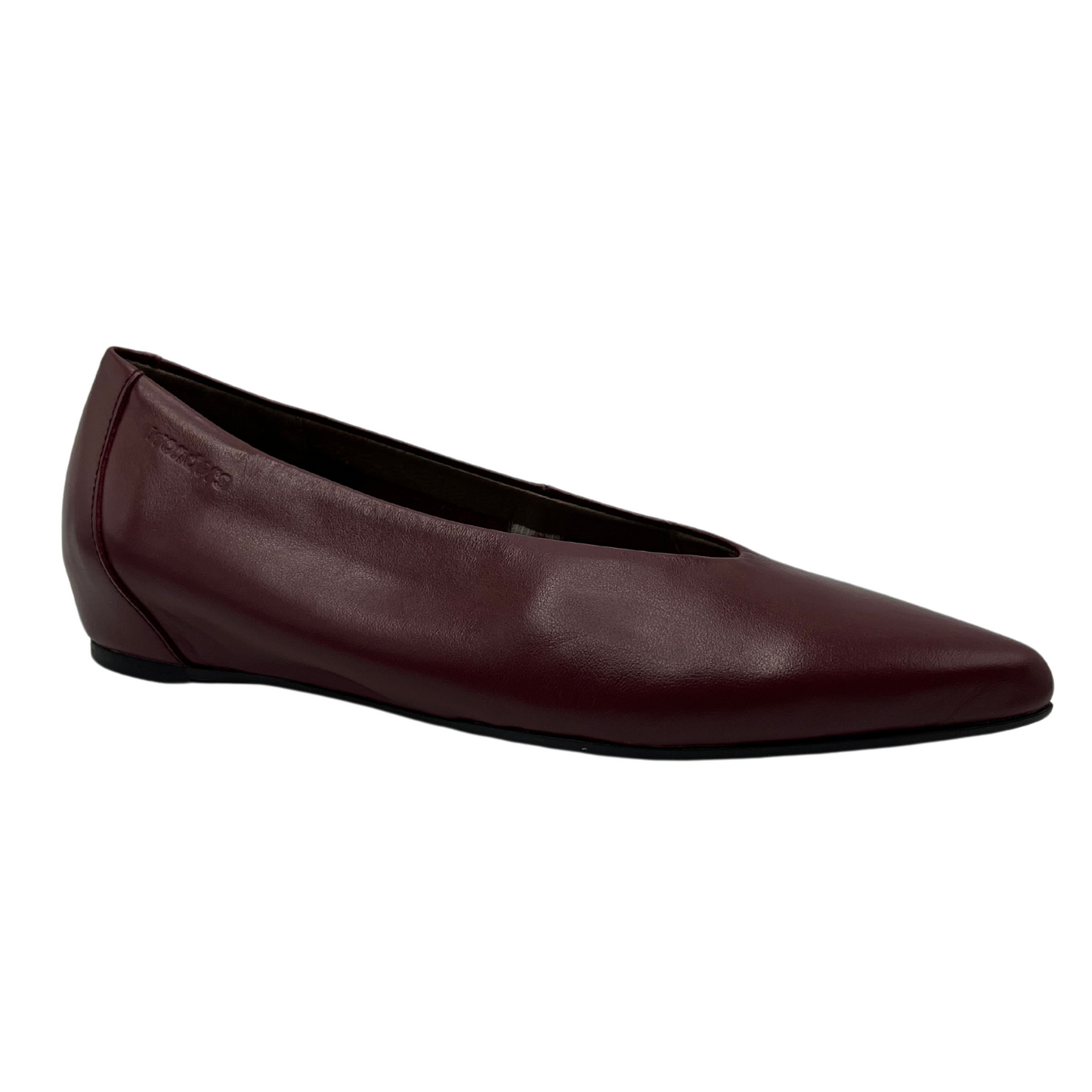 45 degree angled view of wine coloured shoe with wedge heel and pointed toe