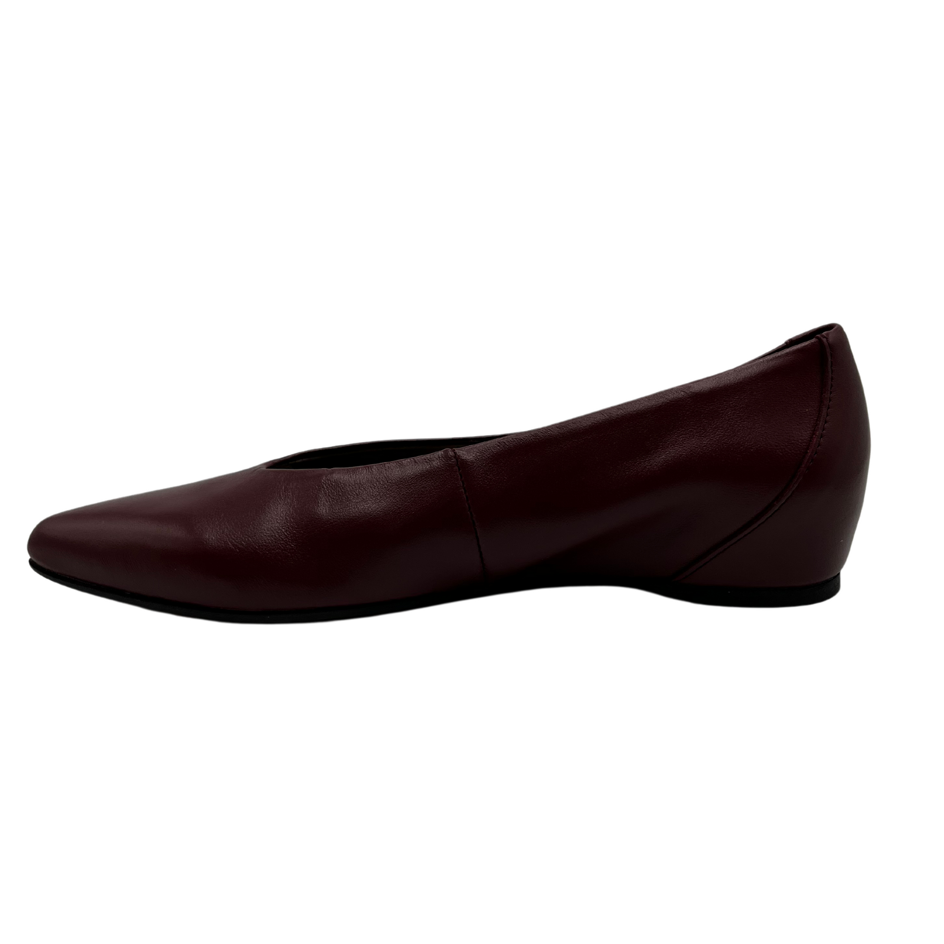 Left facing view of wine coloured shoe with wedge heel and pointed toe