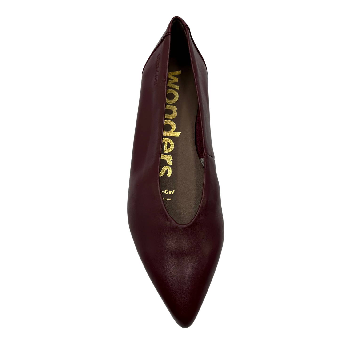 Top view of wine coloured shoe with wedge heel and pointed toe