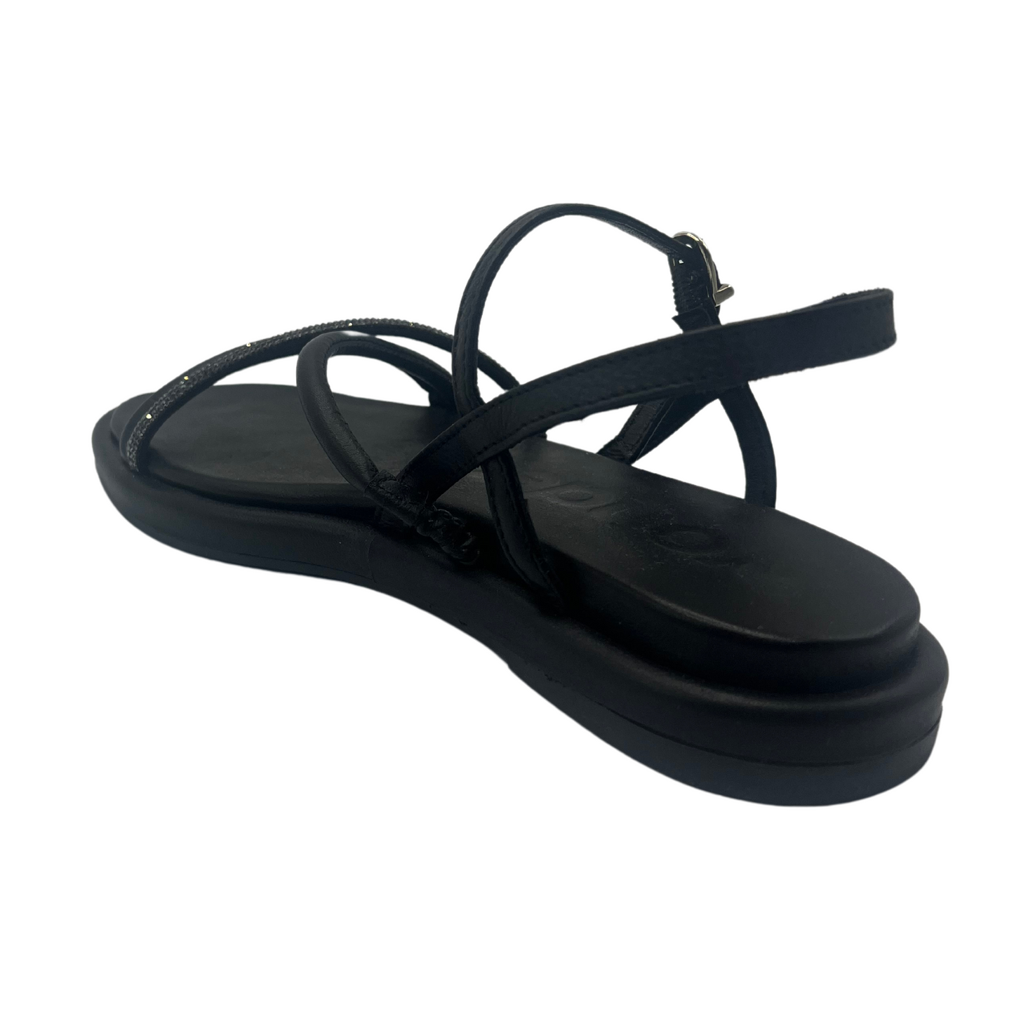 Back angled view of black leather sandal with padded sole, rhinestone detail and square toe