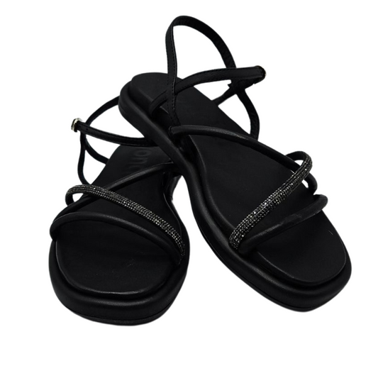 View of a pair of black leather sandals with rhinestone detail, padded sole, square toe and buckle strap