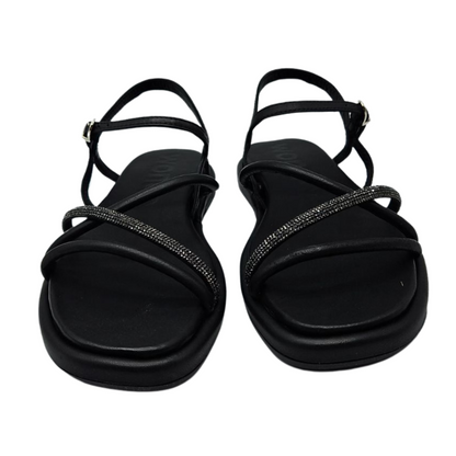 Front view of a pair of black leather sandals with rhinestone detail, padded sole, square toe and buckle strap