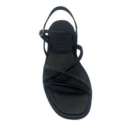 Top view of black leather sandal with padded sole, rhinestone detail and square toe