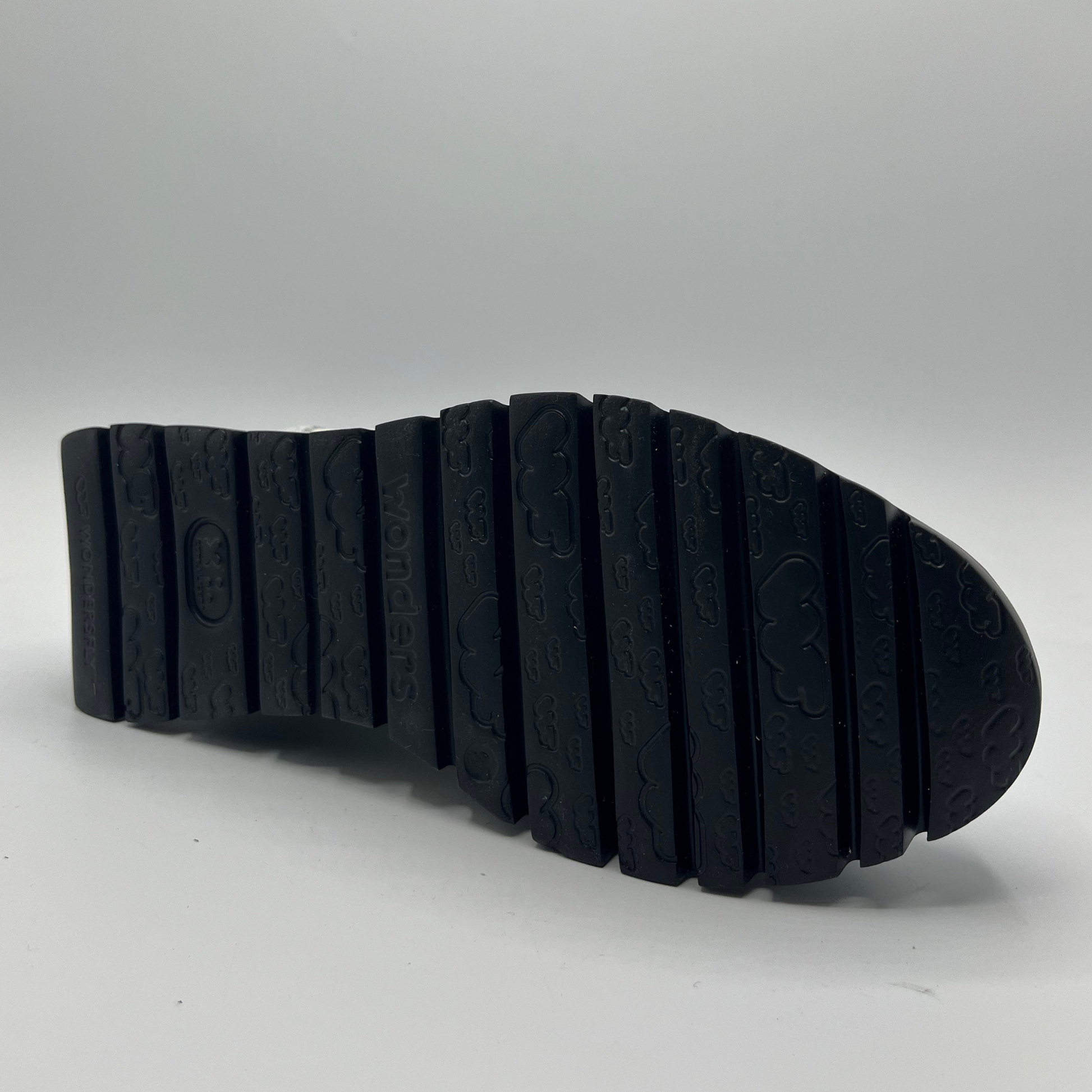 Black shoe sole with tread pattern on a gray background