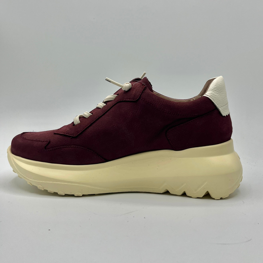 Maroon sneaker with a thick white sole on a light gray background