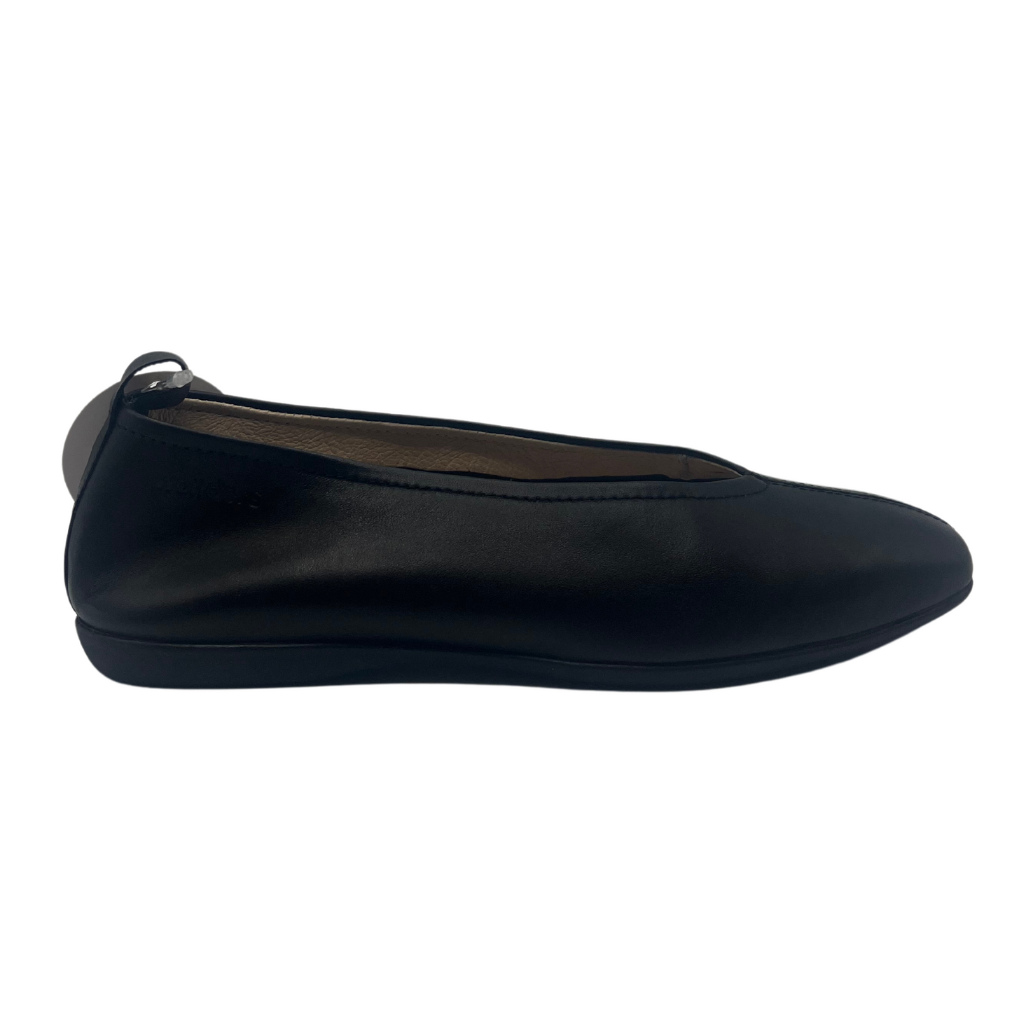 Right facing view of black leather ballet flat with rubber outsole