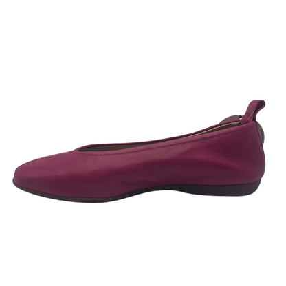 Left facing view of orchid pink ballet flat with leather upper and rubber outsole