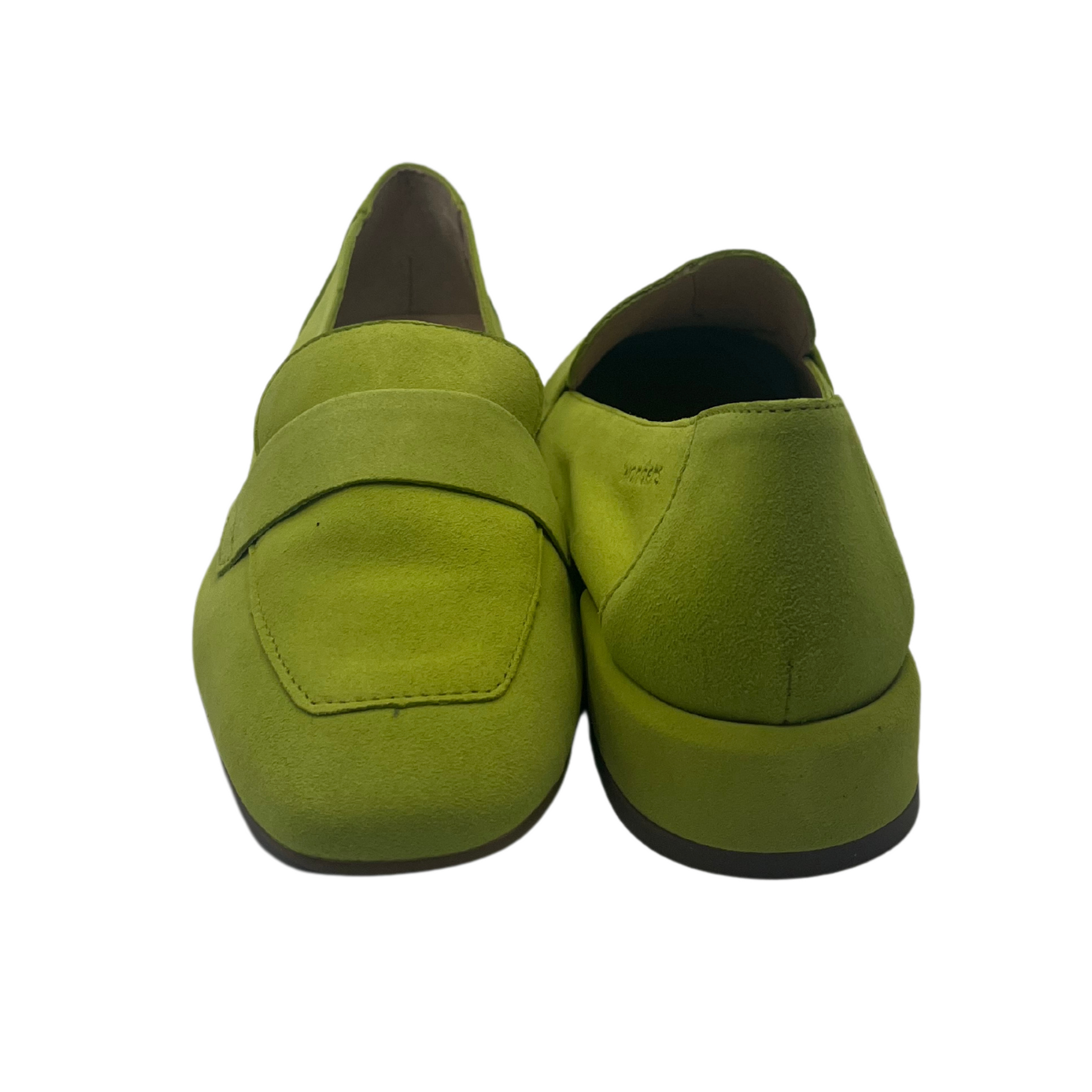 View of a pair of green apple suede leather loafer with short block heel