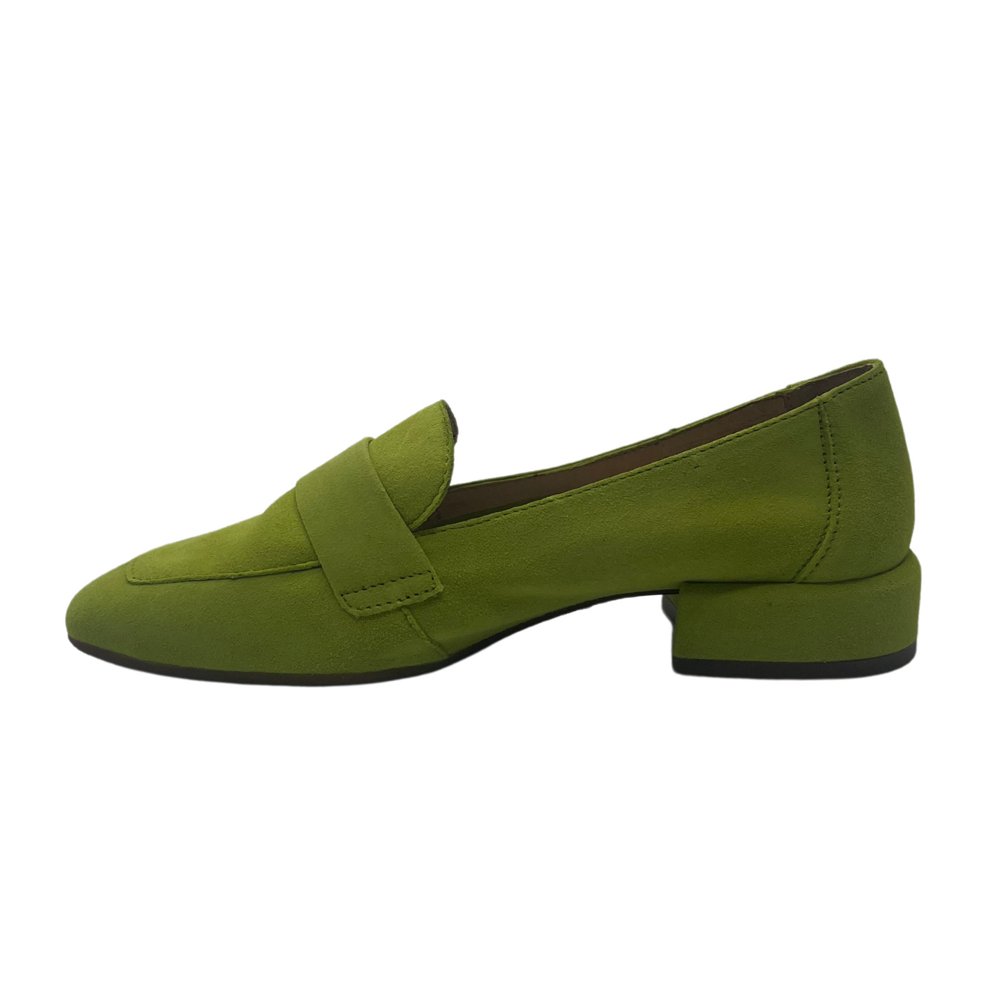 Left facing view of apple green suede leather loafer with short block heel
