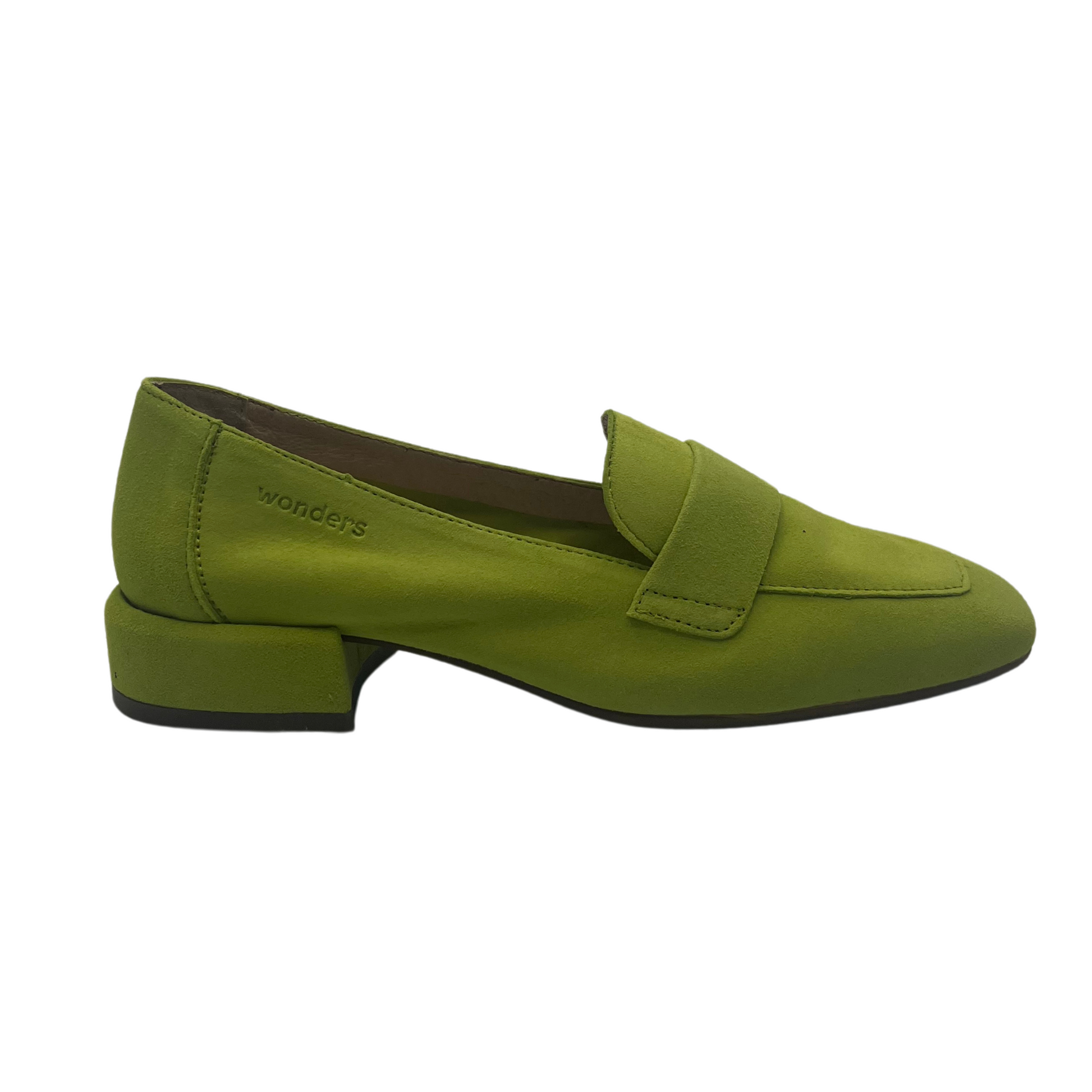 Right facing view of apple green suede leather loafer with short block heel