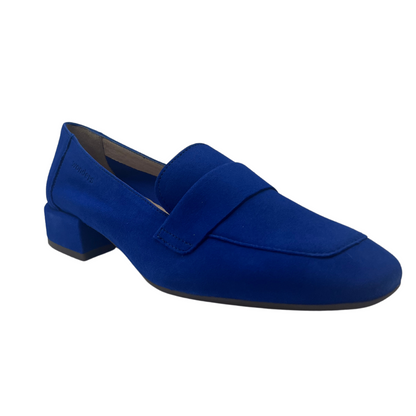 45 degree angled view of electric blue suede loafer with short block heel