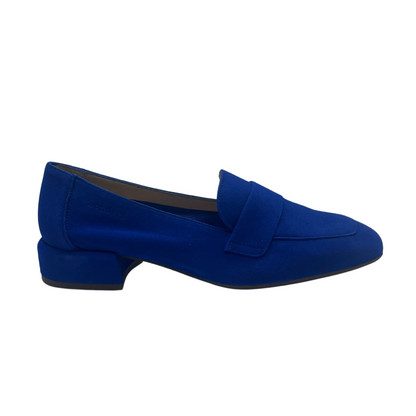 Right faicng view of electric blue suede leather loafer with short block heel