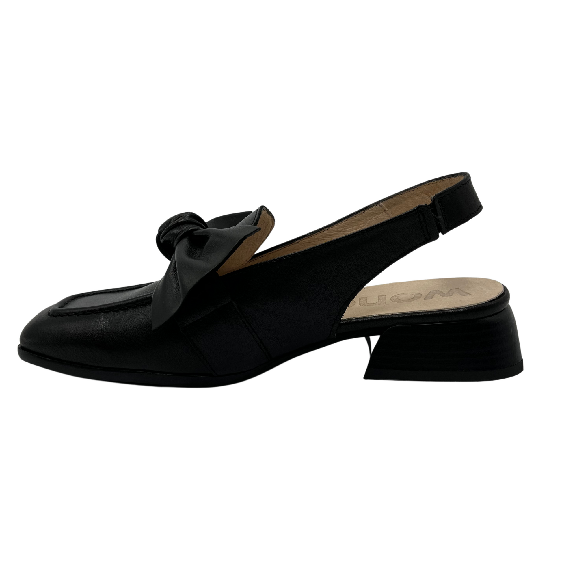Left view of black leather slingback loafer with knotted bow detail and square toe