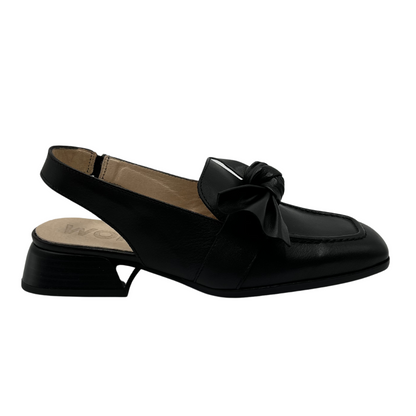 Right facing view of black leather slingback loafer with knotted bow detail and square toe