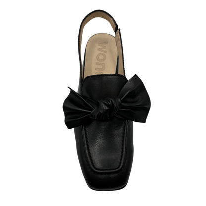 Top view of black leather loafer with square toe and slingback strap and knotted bow detail