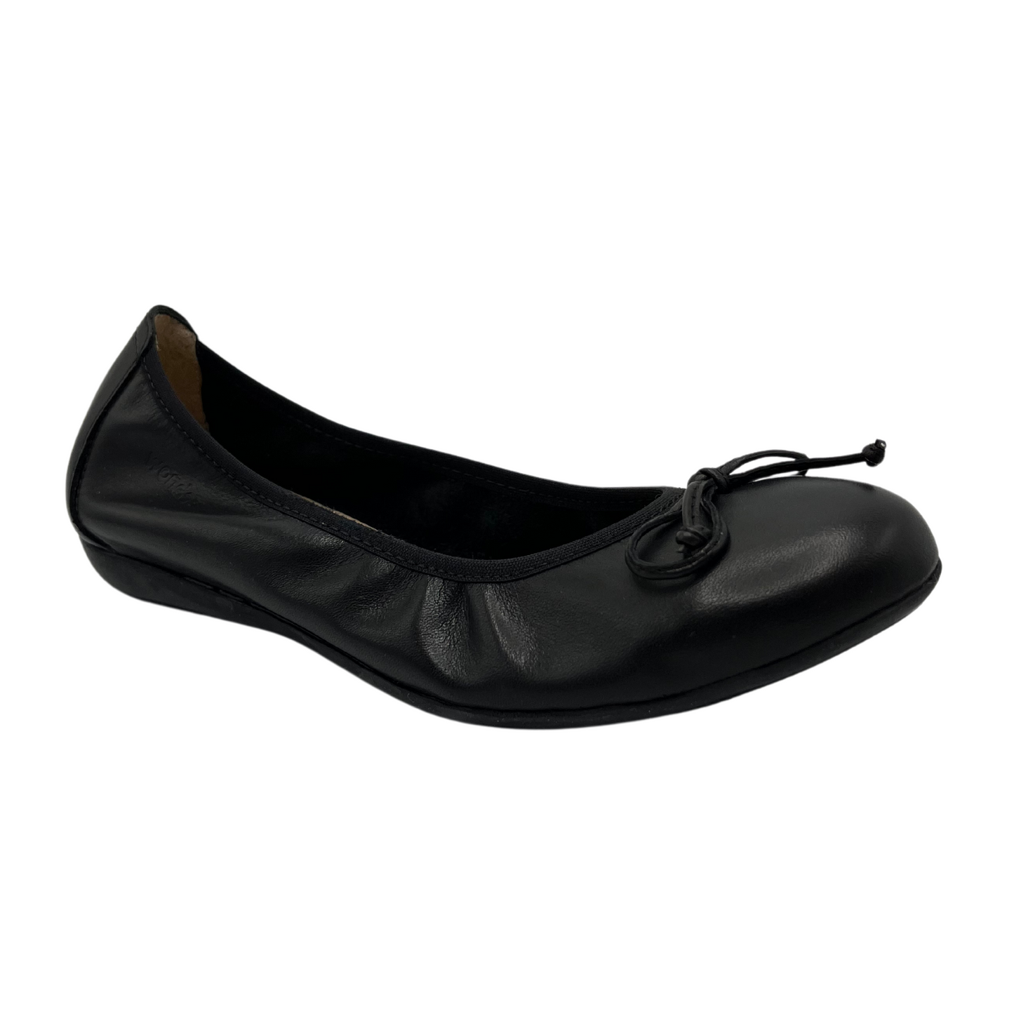 45 degree angled view of black leather ballet flat with bow detail and subtle heel