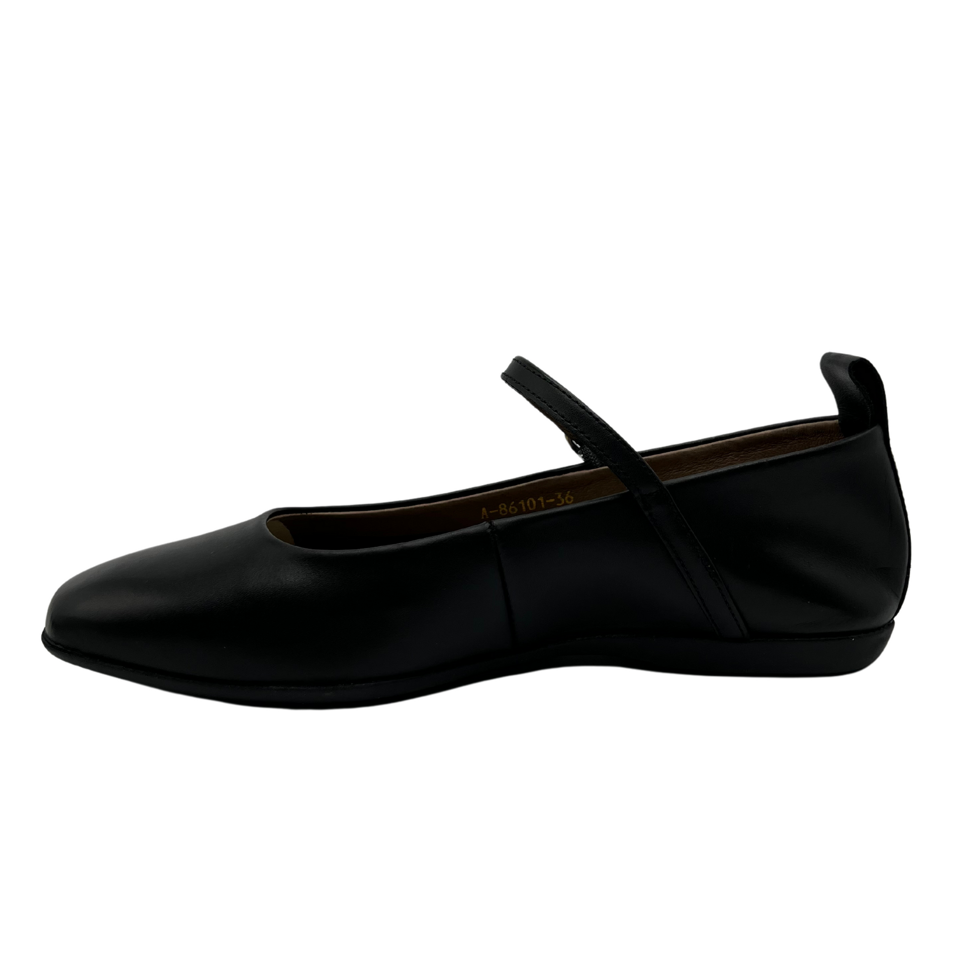 Left facing view of black ballet flat with rounded square toe and tiny strap with silver buckle