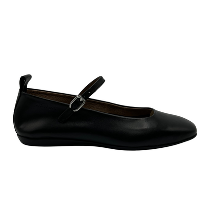 Right facing view of black ballet flat with rounded square toe and tiny strap with silver buckle