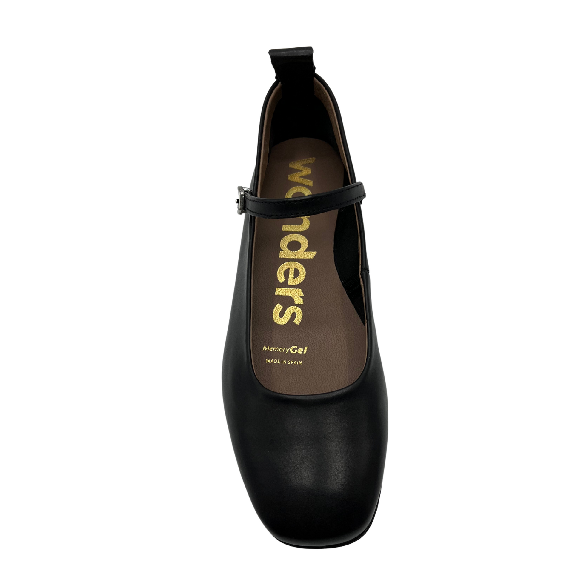 Top view of black ballet flat with rounded square toe and tiny strap with silver buckle