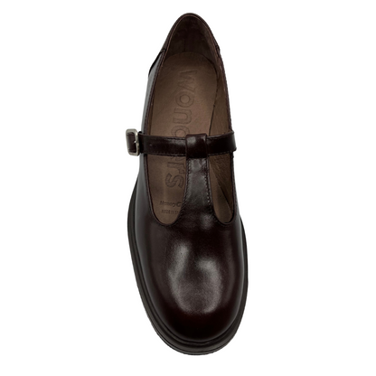 Top view of chocolate brown t-strap mary janes with an almond toe and low heel