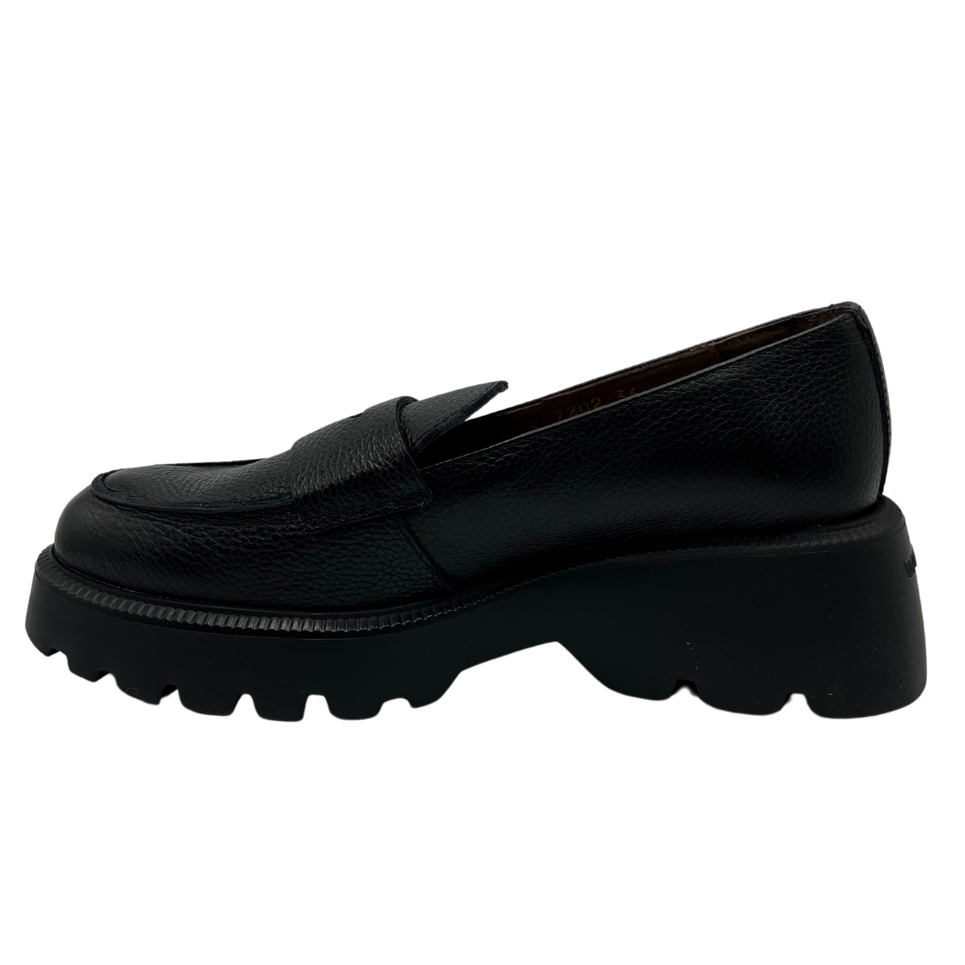 Left facing view of black textured leather penny loafer with chunky track sole