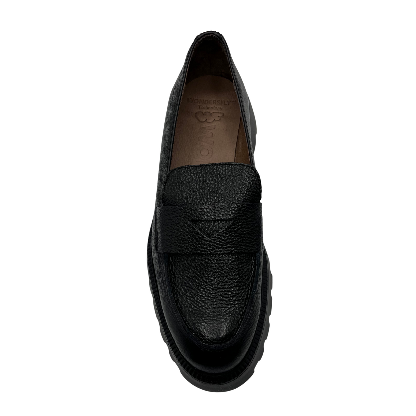 Top view of black textured leather penny loafer with chunky track sole